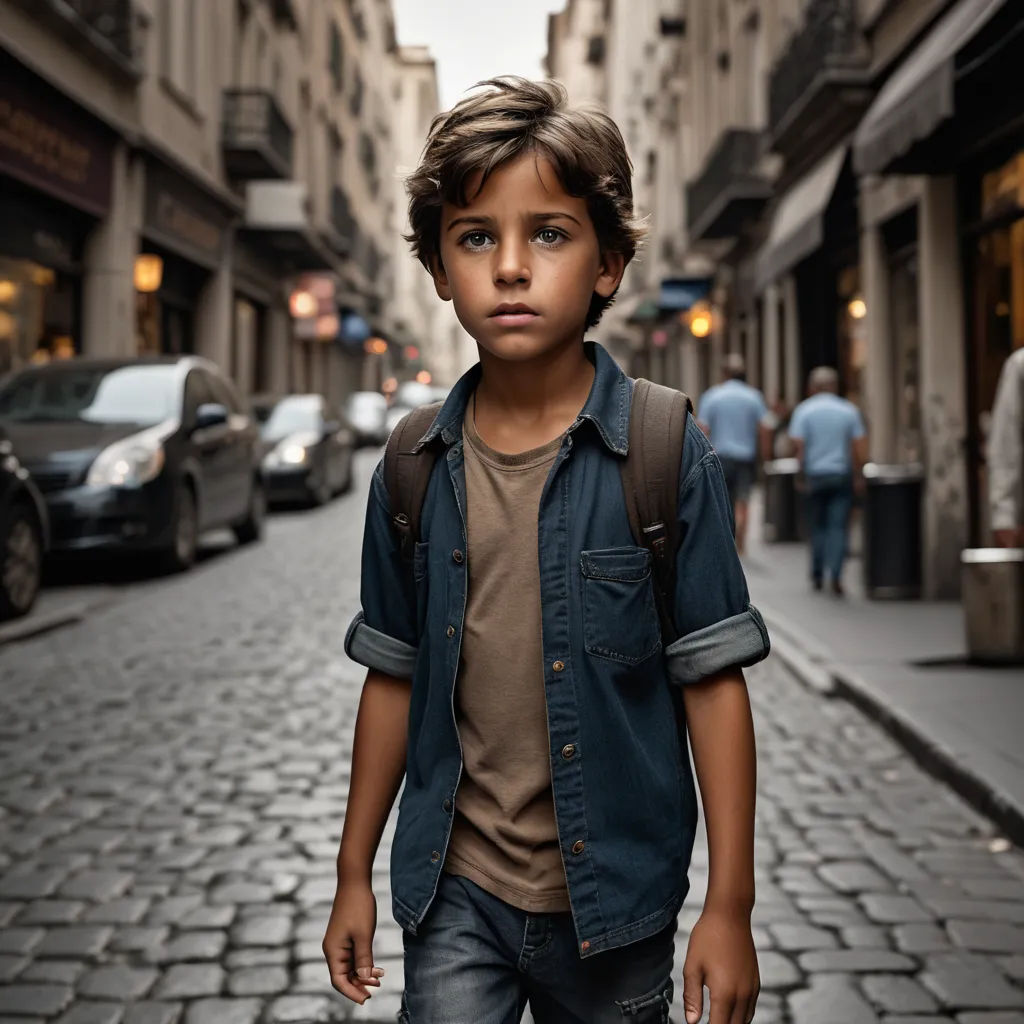 a young boy walking down a street in a city with cars parked on the side of the street and people walking on the sidewalk, neoism, a character portrait, Daniel Lieske, portrait photography