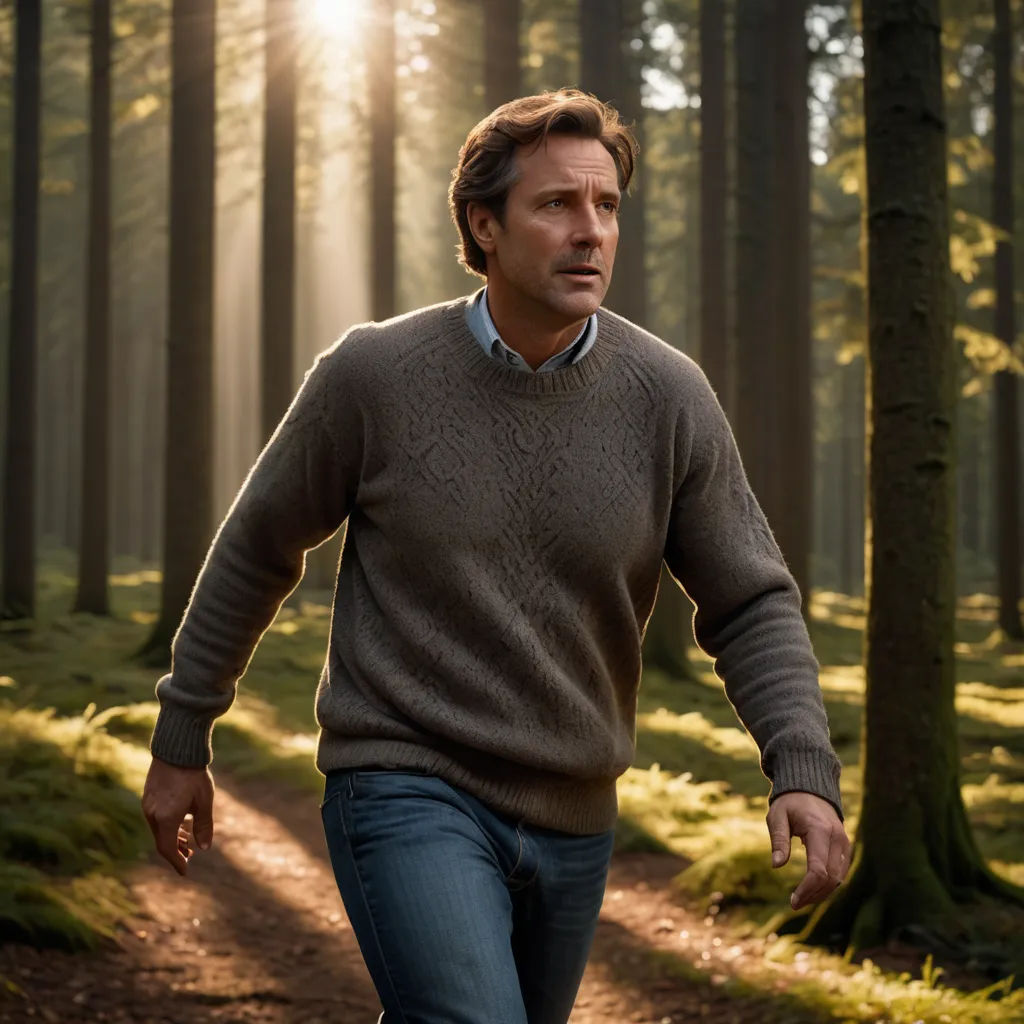 a man walking through a forest with a sun shining through the trees behind him and a trail in the foreground, arts and crafts movement, a character portrait, Christian Hilfgott Brand, promotional image