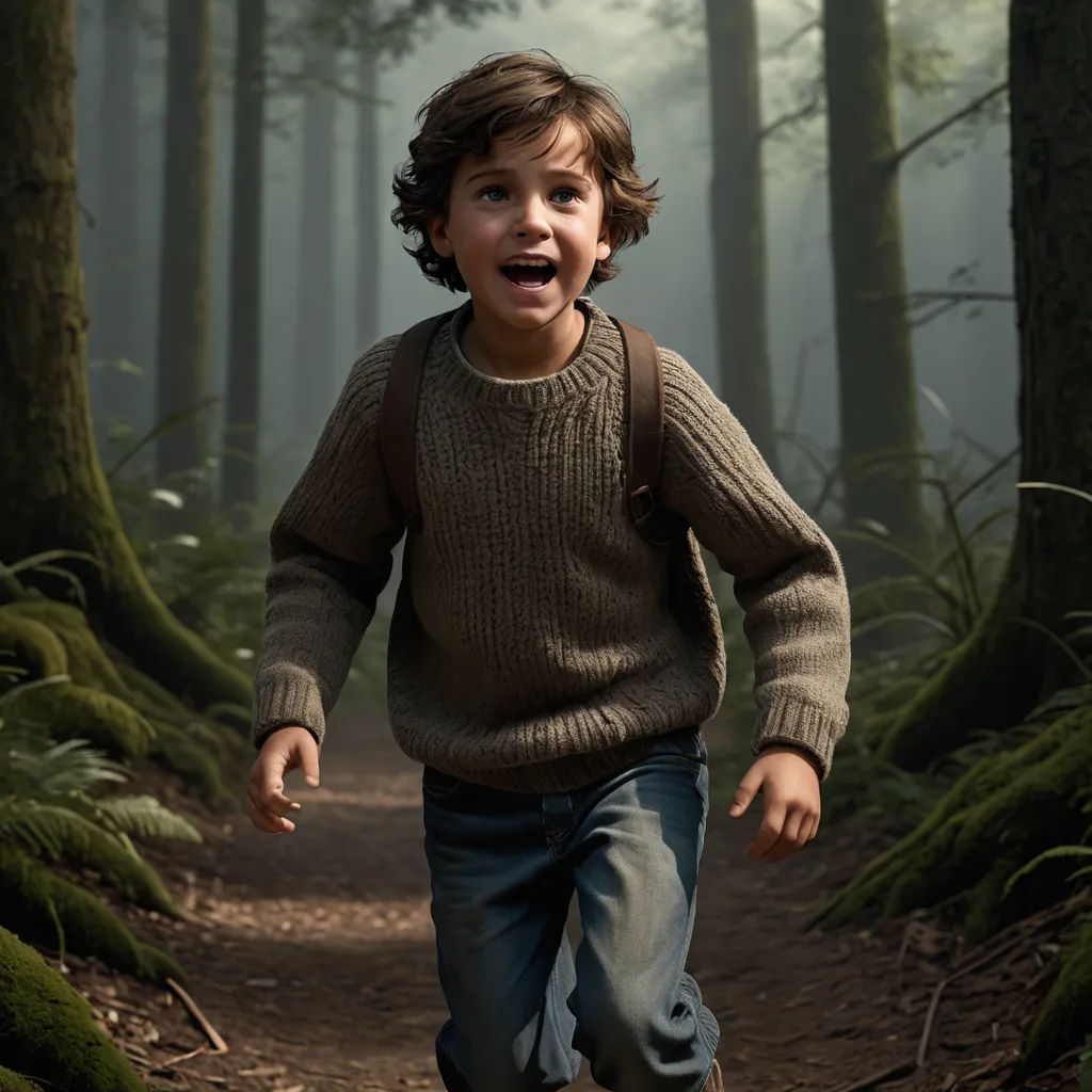 a young boy running through a forest with a surprised look on his face and mouth, with a forest background, les automatistes, a storybook illustration, Diego Gisbert Llorens, promotional image