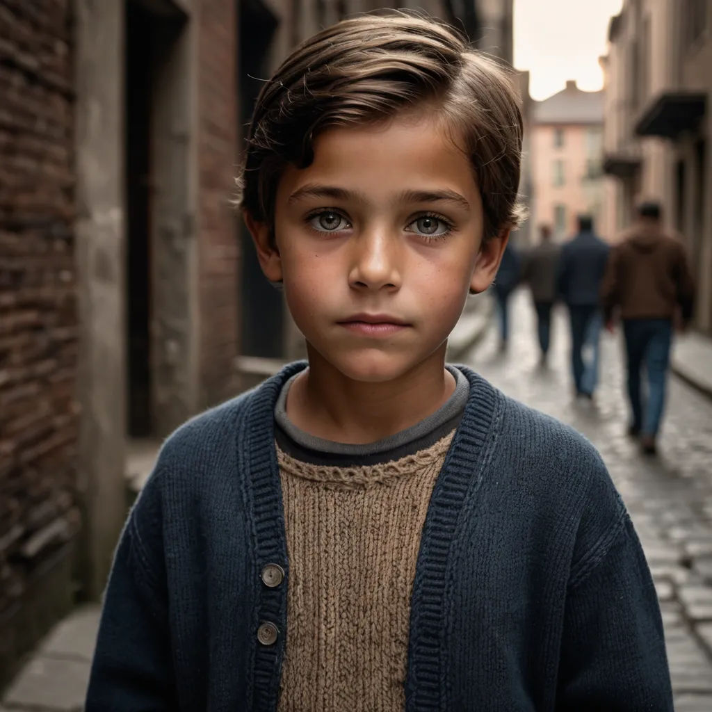 a young boy standing on a street next to a brick building with a man walking by him and a woman walking by, photorealism, a character portrait, Diego Gisbert Llorens, cinematic photography