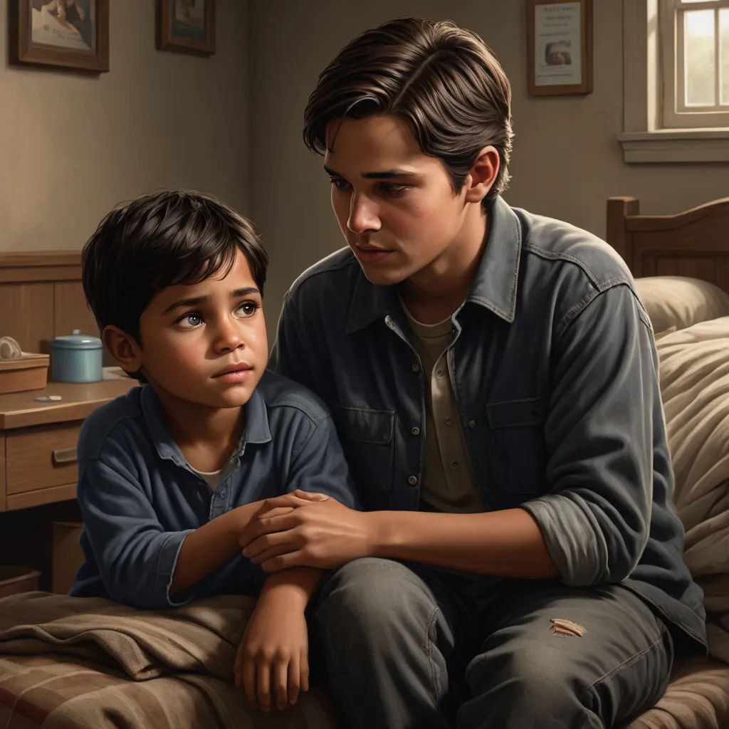 a man and a boy sitting on a bed looking at each other with a surprised look on their faces, american scene painting, an ultrafine detailed painting, Brothers Hildebrandt, professional digital painting