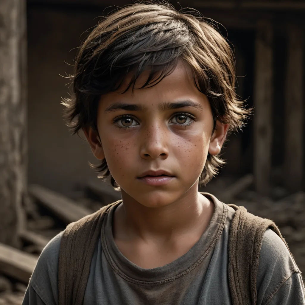 a young boy with a brown shirt and a brown vest on standing in front of a building with a broken door, photorealism, a character portrait, Daniel Lieske, cinematic photography