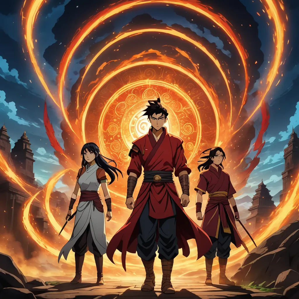 a group of people standing in front of a fire ring with a sky background and a sun in the background, dau-al-set, a poster, Du Jin, official art