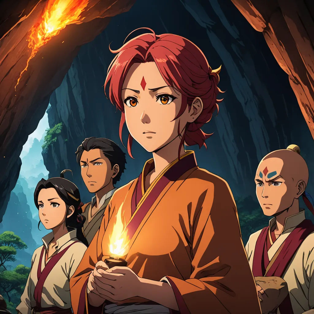 a group of avatars standing in a cave with a fire in the background and a man holding a lit candle, rayonism, a poster, Baiōken Eishun, promotional image