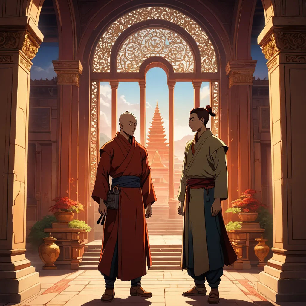 two asian men standing in front of a doorway with a view of a pagoda and a pagoda - like building, dau-al-set, concept art, Brothers Hildebrandt, official art