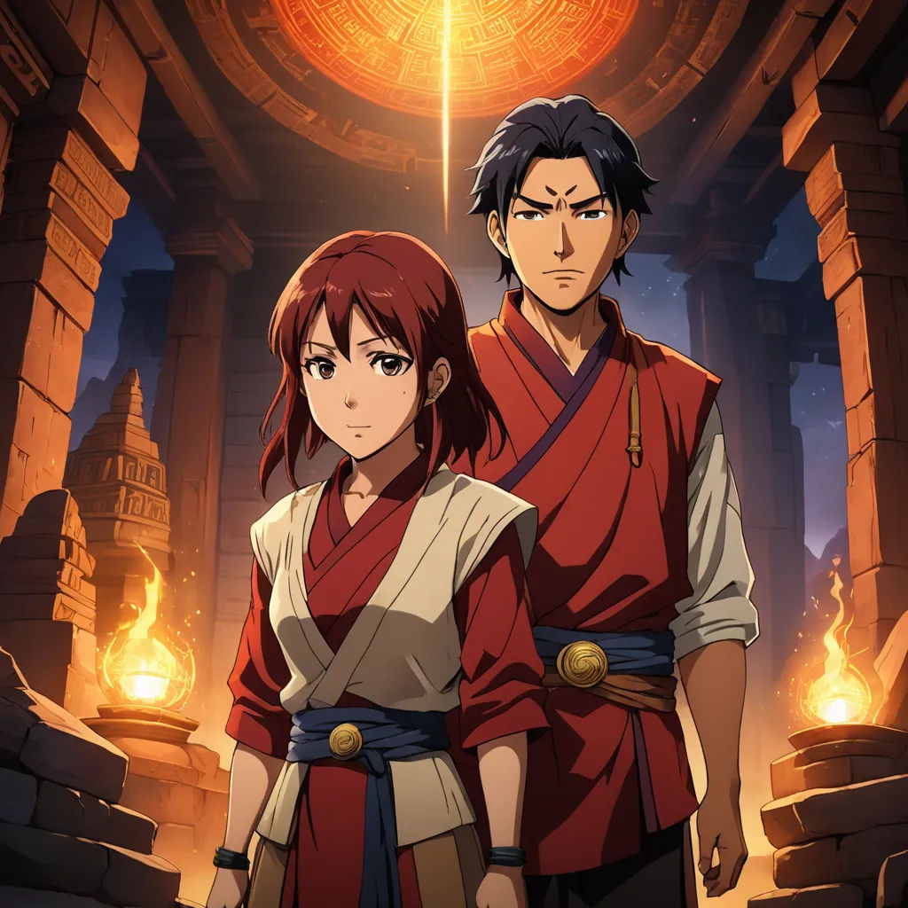 a man and a woman standing in front of a fire pit with a sword in hand and a glowing light in the background, rayonism, a poster, Aya Goda, official art