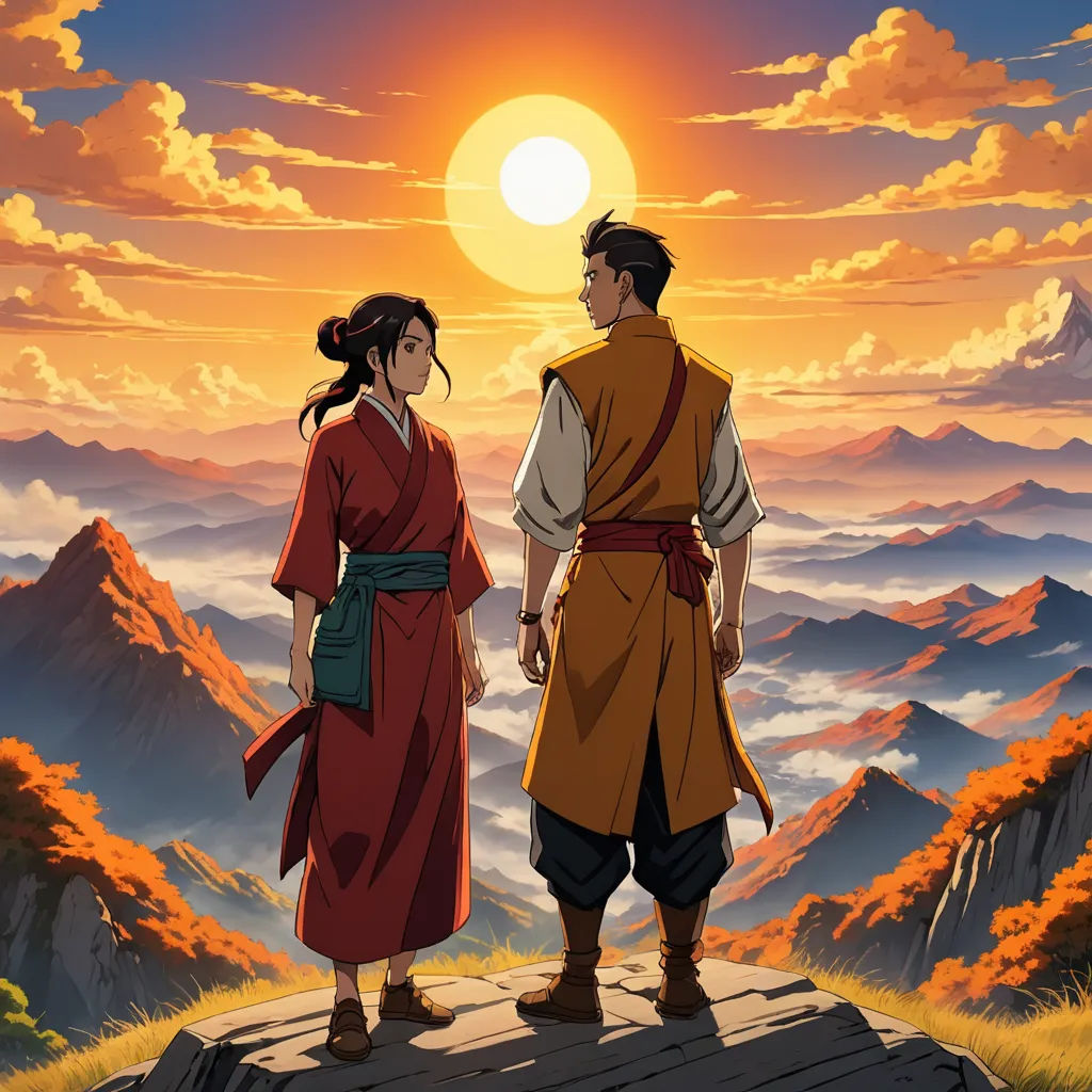 a man and a woman standing on a mountain top looking at the sunset with mountains in the background and clouds in the sky, dau-al-set, a poster, Aya Goda, official art