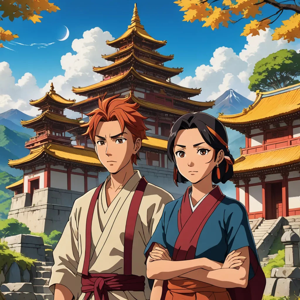 a couple of people standing next to each other in front of a building with a pagoda in the background, sots art, concept art, Baiōken Eishun, official art