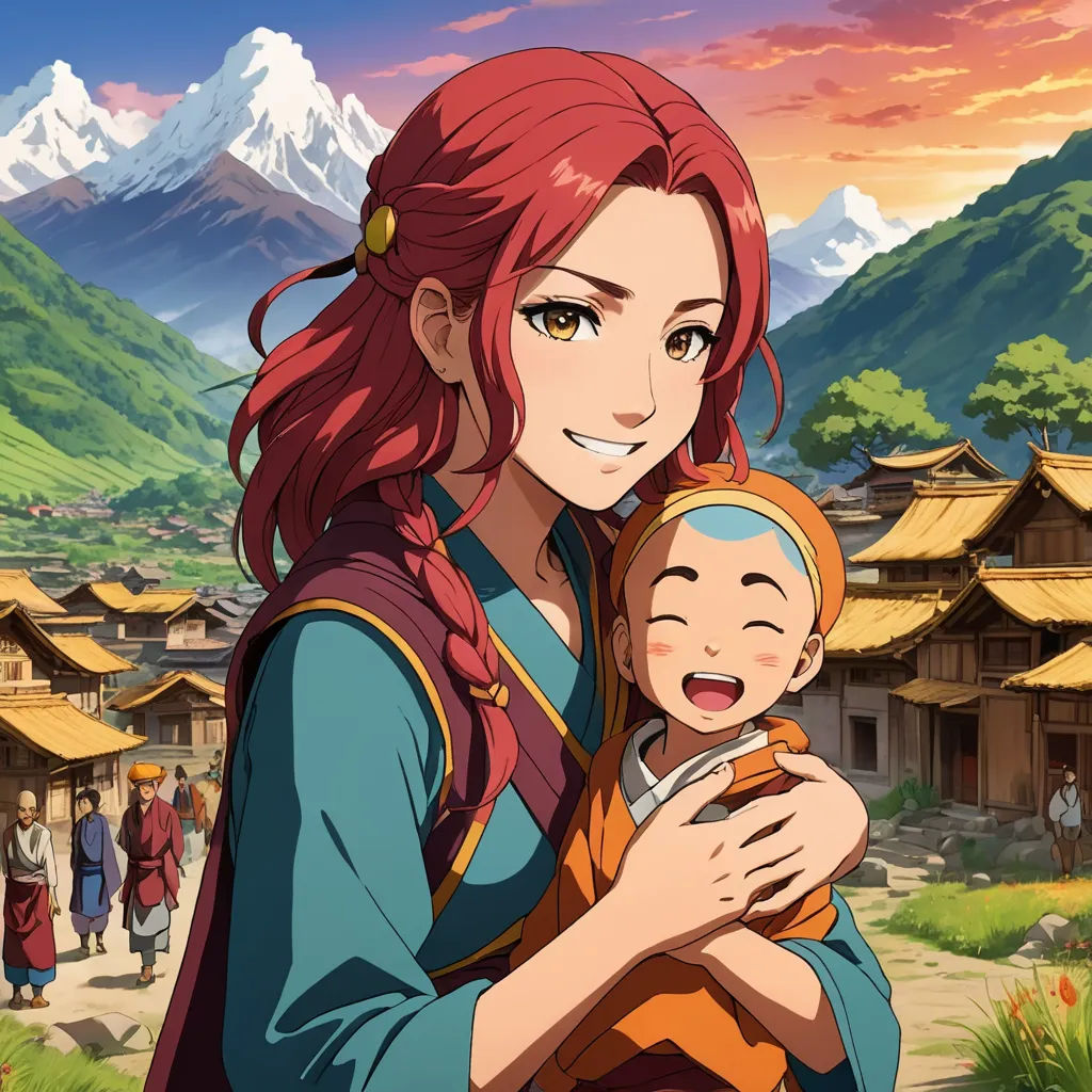 a woman holding a baby in her arms in front of a mountain range with a village in the background, sots art, a character portrait, Anne Said, official art