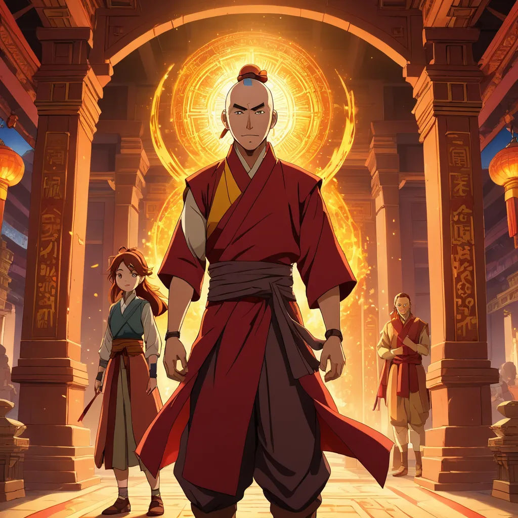 a cartoon of a man in a red robe and two women in orange dresses standing in front of a temple, cloisonnism, poster art, Du Jin, promotional image