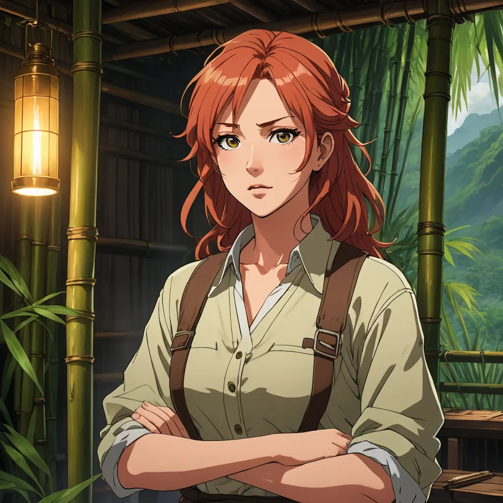 a woman with red hair and a backpack standing in front of bamboo trees and a lantern light in a jungle, sots art, a character portrait, Anne Said, official art