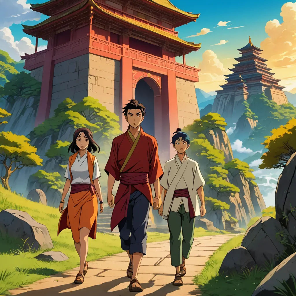 a man and two women walking down a path in front of a pagoda with a mountain in the background, cloisonnism, a poster, Baiōken Eishun, official art