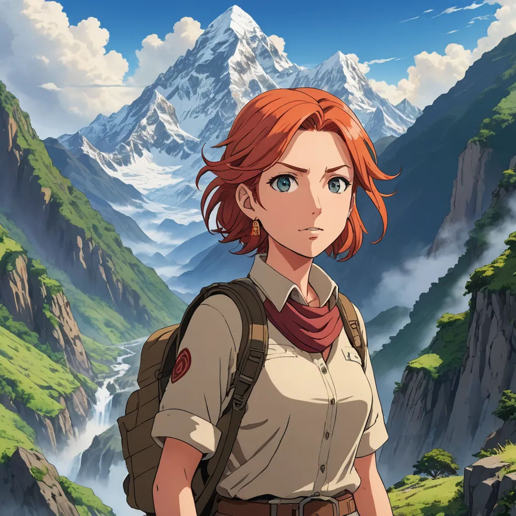 a woman with red hair and a backpack standing in front of a mountain range with a river running through it, sots art, a character portrait, Ada Hill Walker, official art