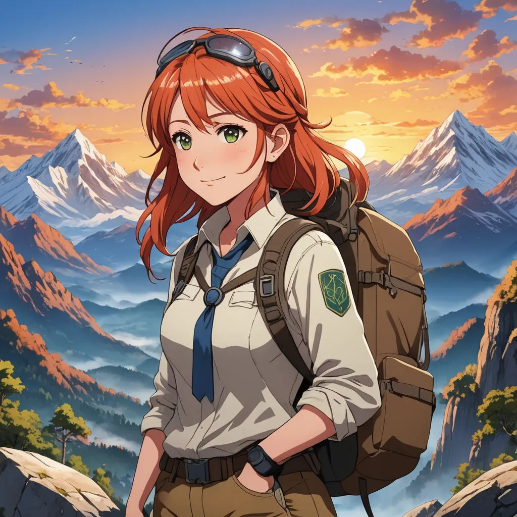 a girl with red hair and a backpack standing in front of a mountain range at sunset with a mountain range in the background, sots art, a character portrait, Ada Hill Walker, official art
