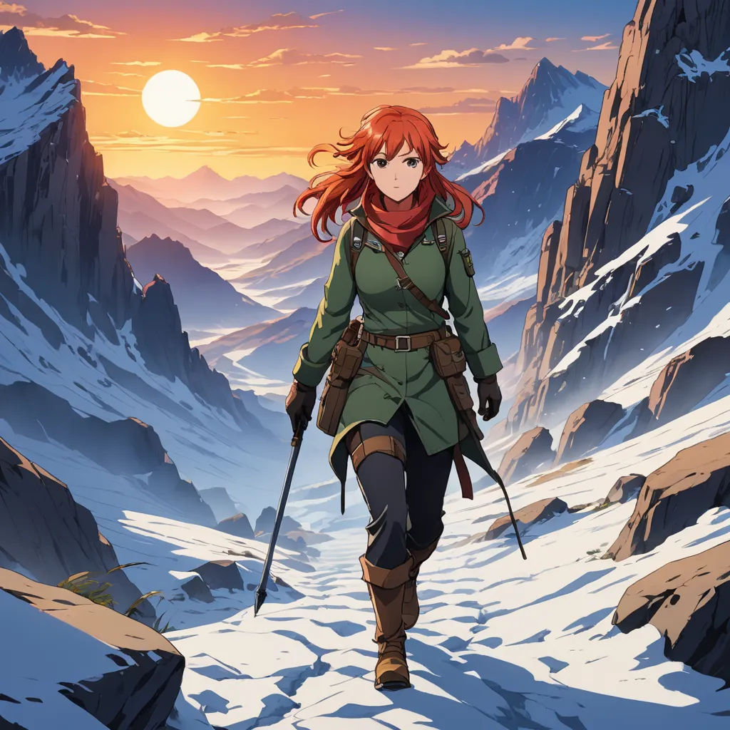 a woman with red hair and a green outfit is walking through the snow with skis on her feet, sots art, poster art, Ada Hill Walker, official art