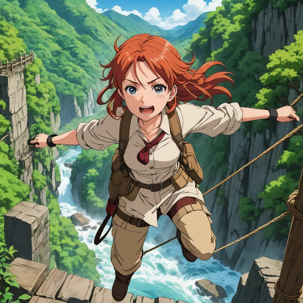 a girl is walking across a bridge over a river with a waterfall in the background and a man is holding on to the rope, neo-romanticism, concept art, Ada Hill Walker, official art