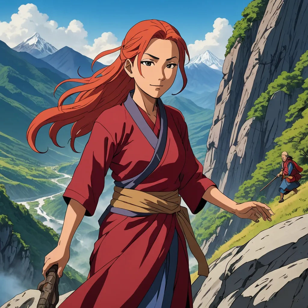 a woman in a red dress walking on a mountain side with a sword in her hand and a man in a red shirt behind her, ukiyo-e, a character portrait, Eizan Kikukawa, official art