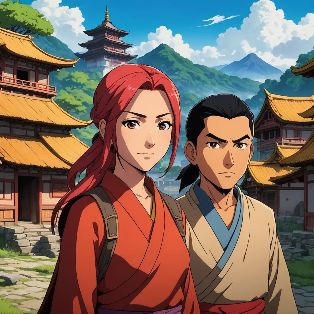 a man and a woman standing in front of a building with mountains in the background and a sky with clouds, sots art, concept art, Cedric Seaut (Keos Masons), official art