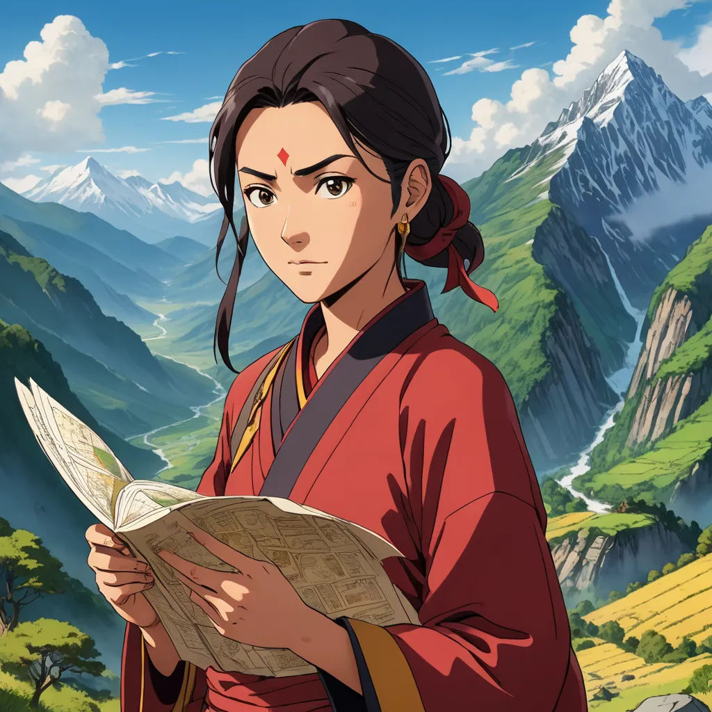 a woman in a red kimono reading a book in front of mountains and trees with a sky background, sots art, a character portrait, Ayako Rokkaku, official art