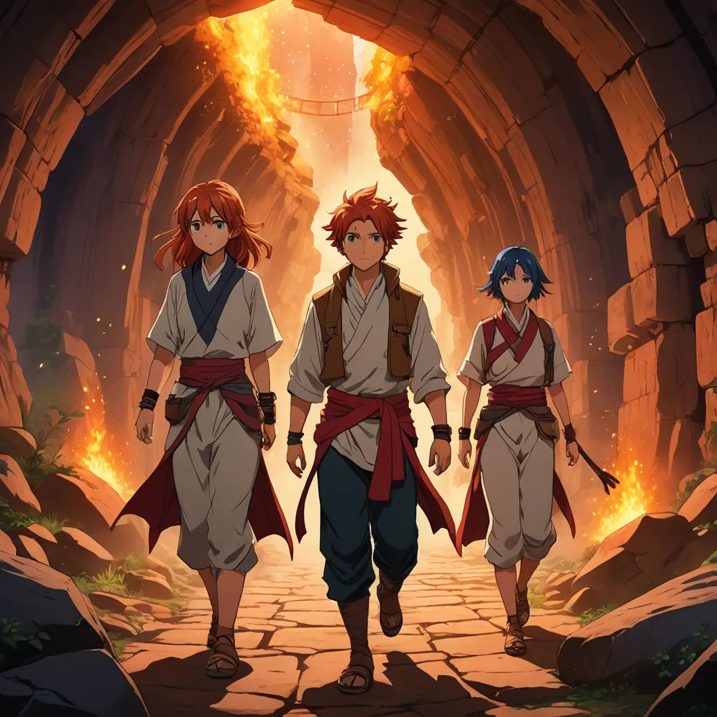 two people walking through a tunnel with fire coming from them and a man in a white shirt and tie, rayonism, a poster, Anne Said, ufotable