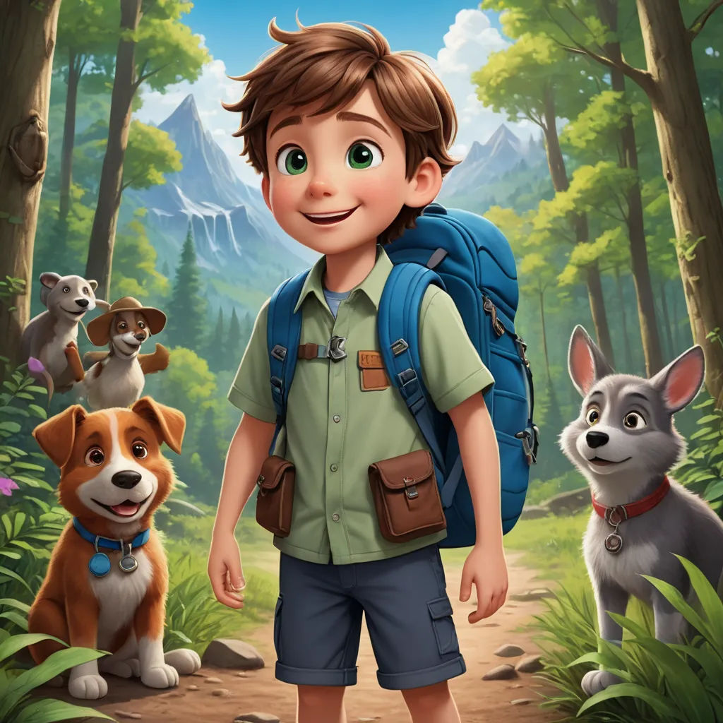 a boy with a backpack and two dogs in the woods with mountains in the background and a forest path, furry art, poster art, Charles Fremont Conner, promotional image