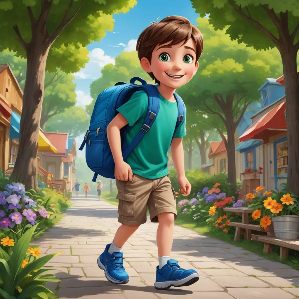 a boy with a backpack walking down a street in a cartoon style with flowers and trees around him and a bench, american scene painting, a storybook illustration, Alejandro Burdisio, rossdraws global illumination