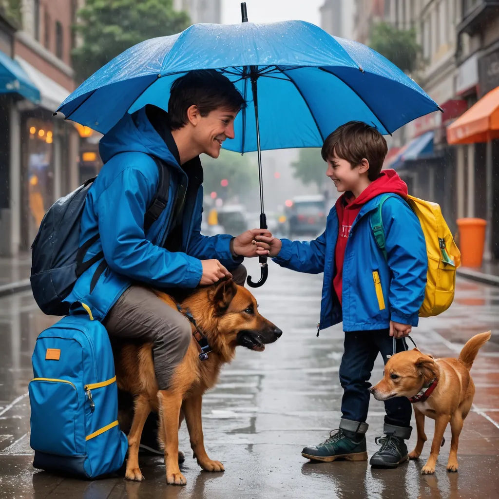 a man and a boy with a dog and an umbrella on a rainy day in the city with a dog, lyco art, a stock photo, Bracha L. Ettinger, promotional image