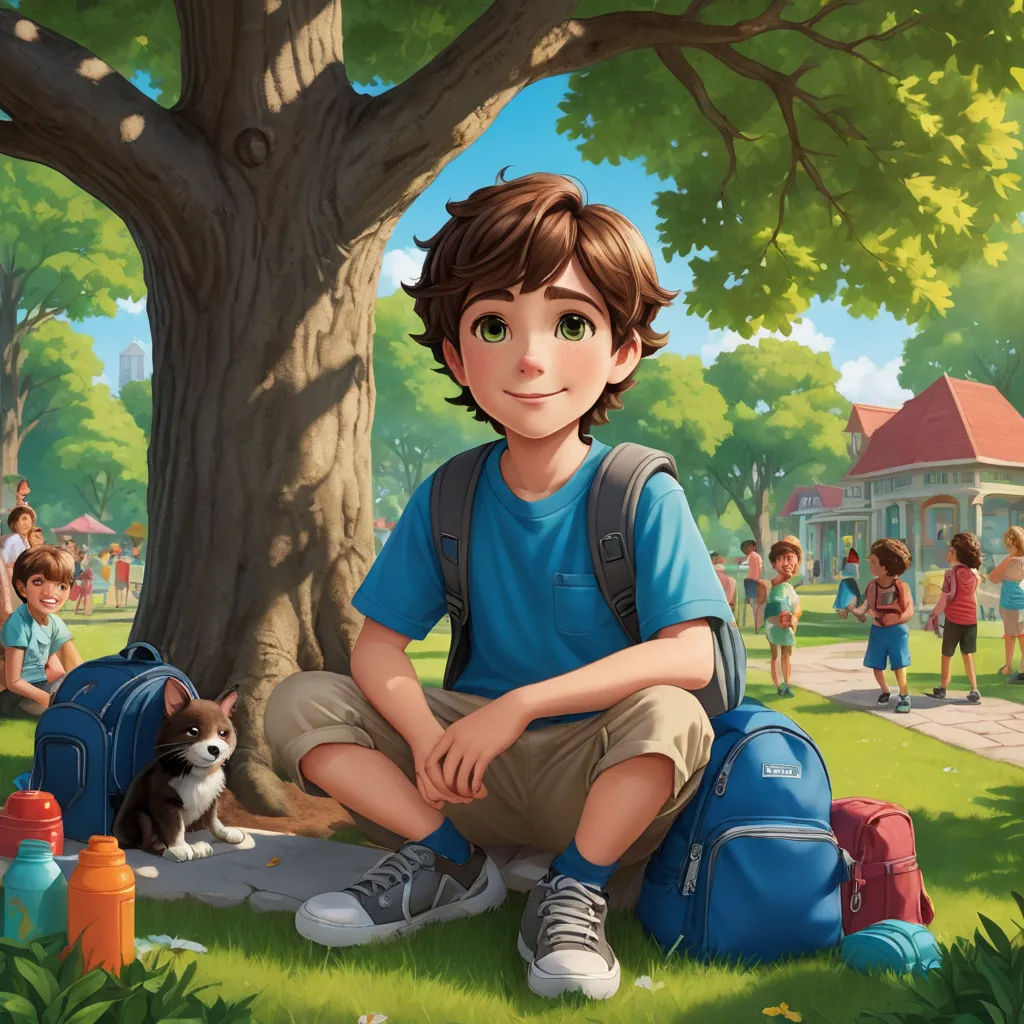 a boy sitting on the ground next to a dog and a tree with a dog on it and a group of children in the background, american scene painting, a storybook illustration, Cedric Seaut (Keos Masons), kinkade