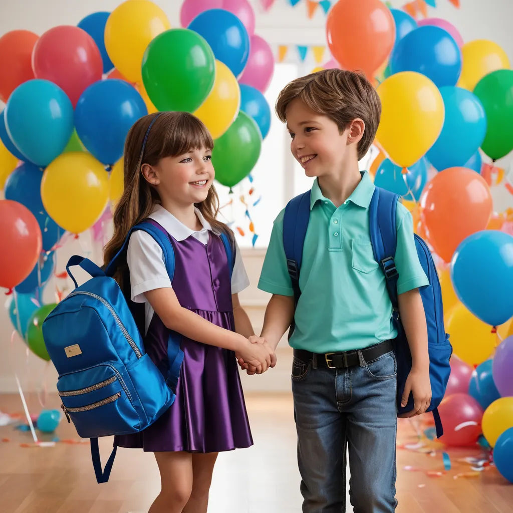 a boy and a girl holding hands and smiling at each other with balloons in the background and a backdrop of balloons, danube school, a stock photo, Christian Hilfgott Brand, promotional image