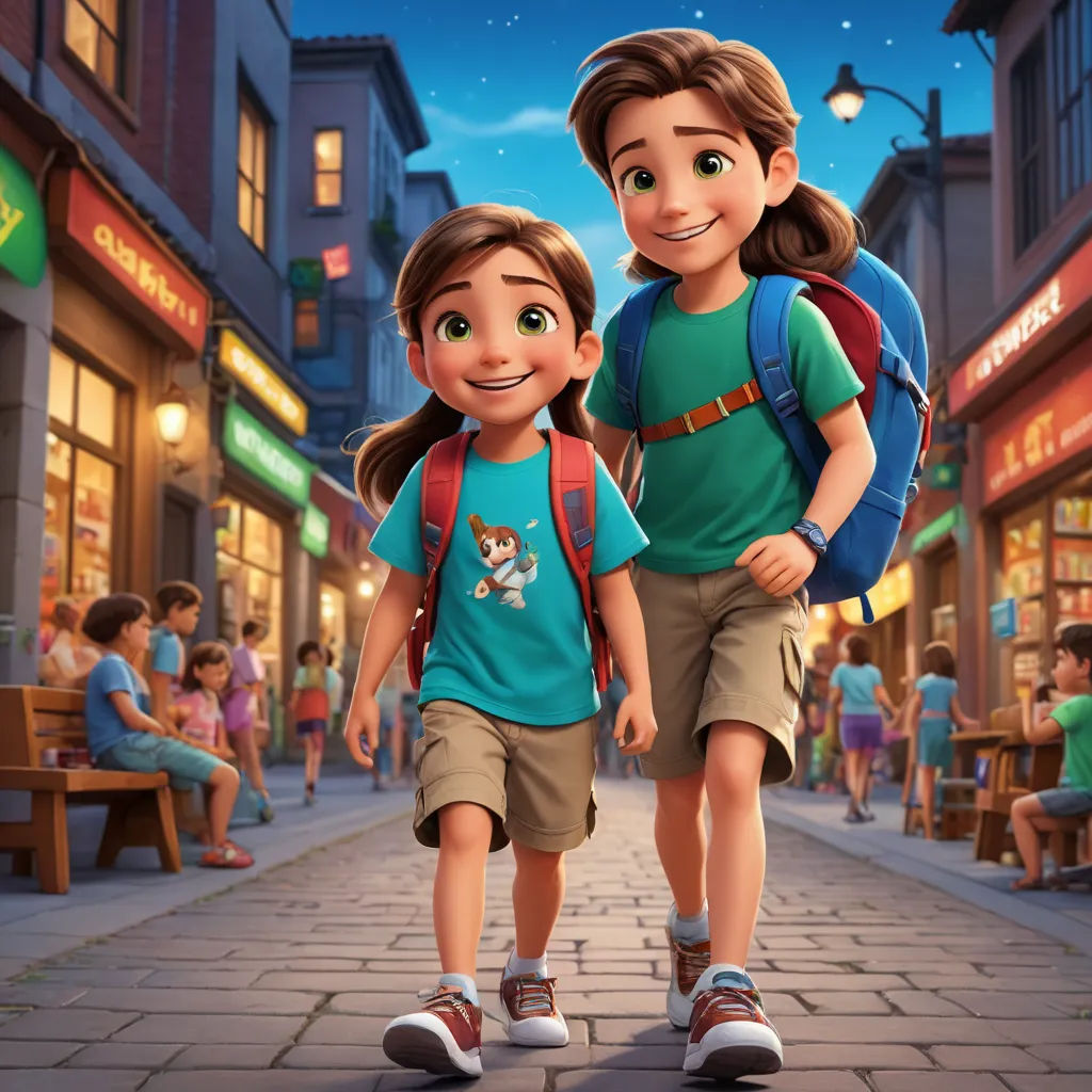 a couple of kids walking down a street next to each other in front of a crowd of people on a city street, lyco art, poster art, disney, promotional image