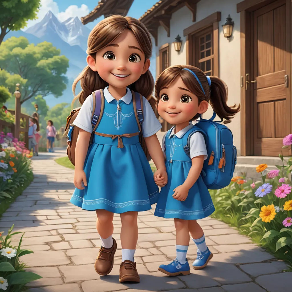 a couple of kids that are standing in the dirt near flowers and a building with a mountain in the background, danube school, a storybook illustration, Brothers Hildebrandt, official art
