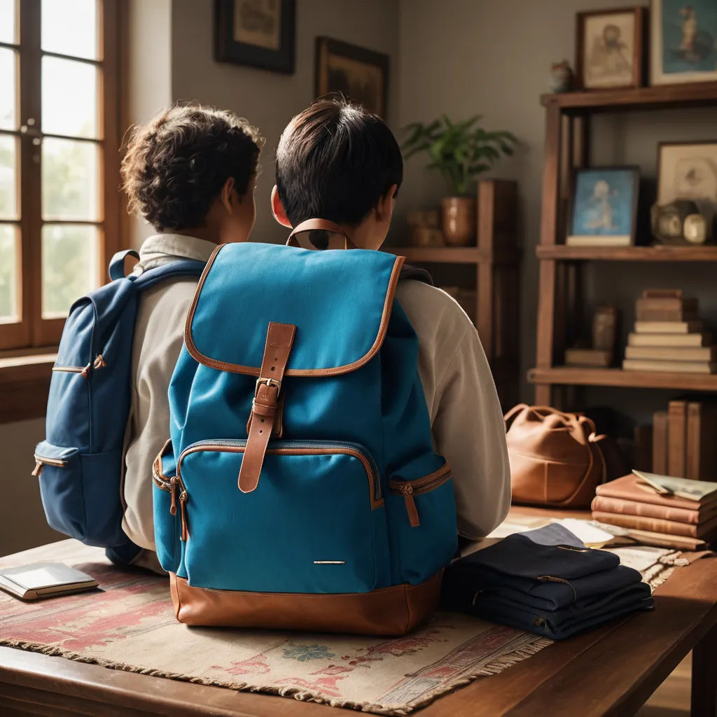 two boys sitting on a table with a backpack on their back and a book bag on their shoulder, both of them facing away, heidelberg school, a stock photo, Christian Hilfgott Brand, promotional image