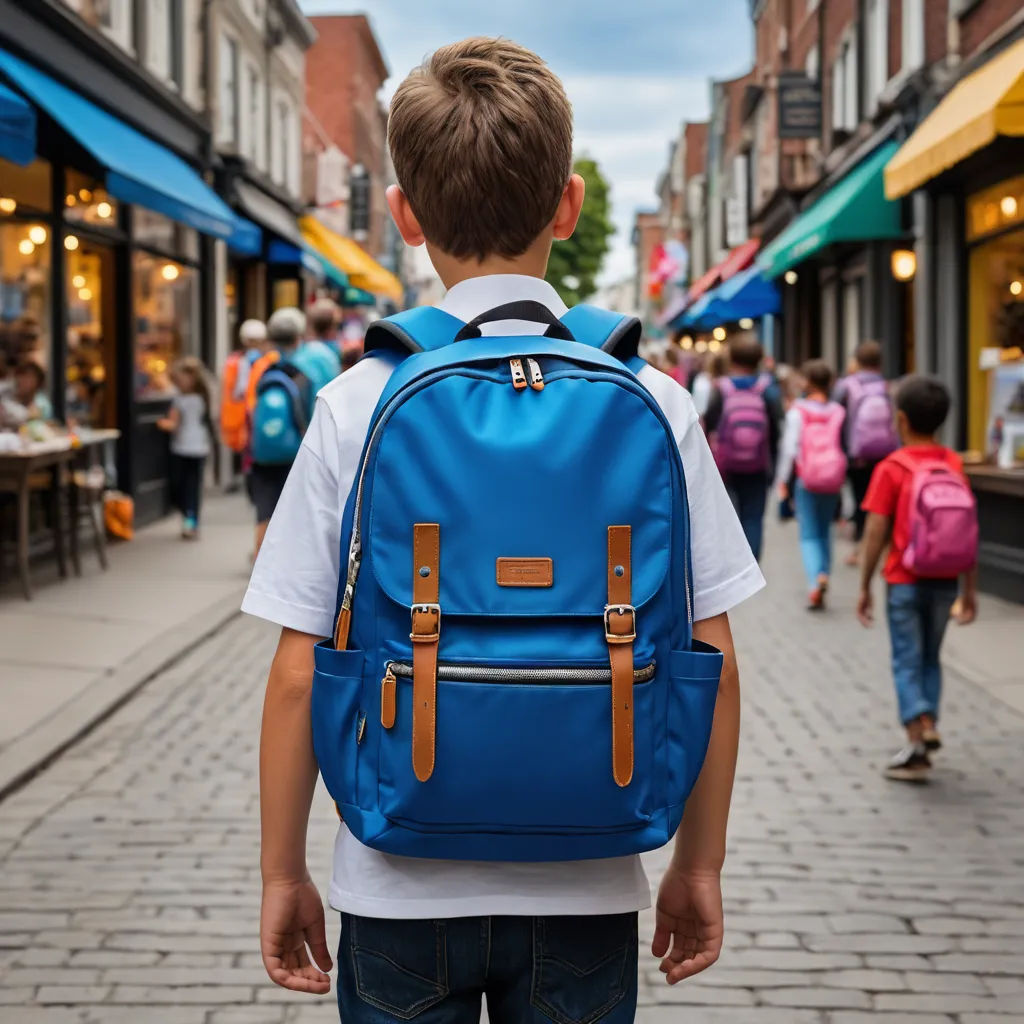 a young boy with a blue backpack on a street with people walking by on the sidewalk and on the sidewalk, vancouver school, a stock photo, Christian Hilfgott Brand, city background