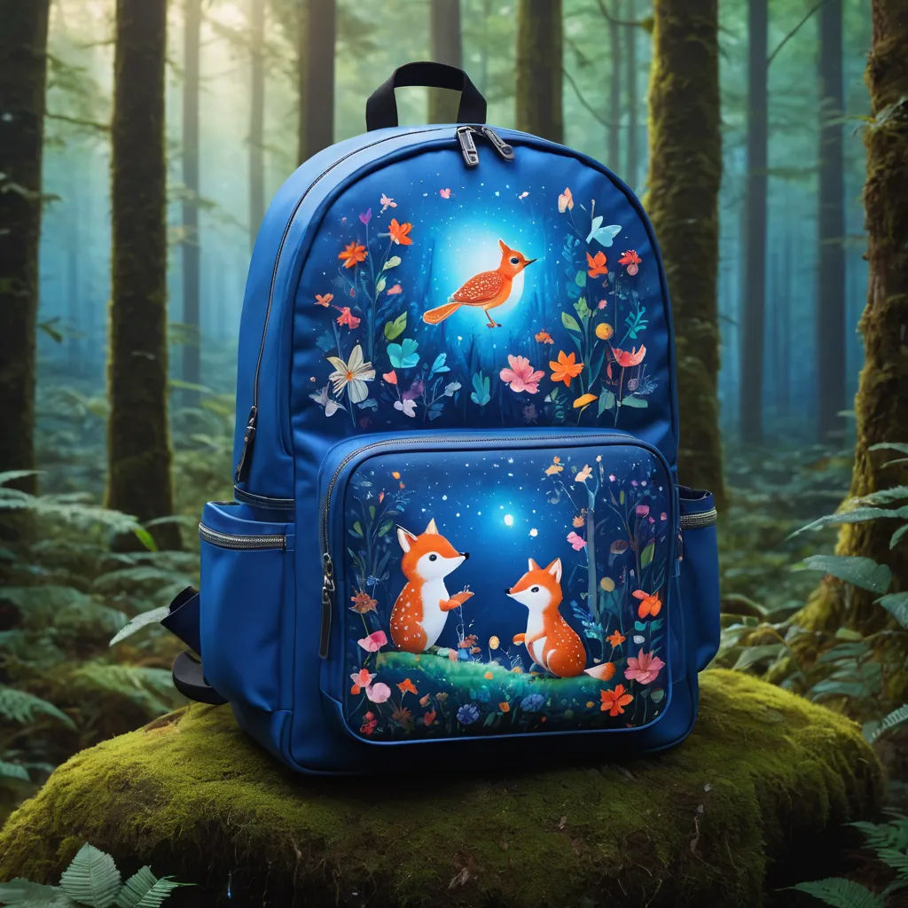 a blue backpack with a fox and a bird on it in the woods with flowers and leaves on it, pop surrealism, a storybook illustration, Chris LaBrooy, highly detailed digital painting