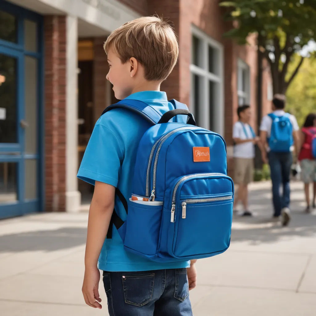 a young boy with a blue backpack on a sidewalk in front of a building with people walking by and a building with a blue door, heidelberg school, a stock photo, Christian Hilfgott Brand, product photo