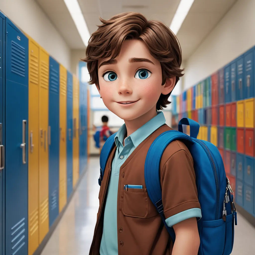 a boy with a backpack standing in a hallway of lockers with lockers in the background and a smiling man in the foreground, paris school, a character portrait, Cliff Childs, unreal engine highly rendered