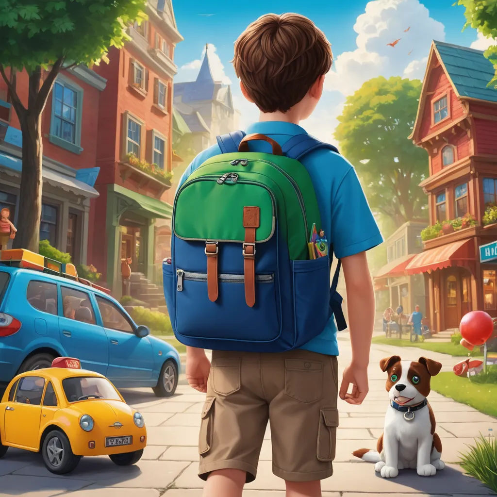 a boy with a backpack and a dog on a city street with cars and buildings in the background,, american scene painting, a storybook illustration, Bob Byerley, highly detailed digital painting