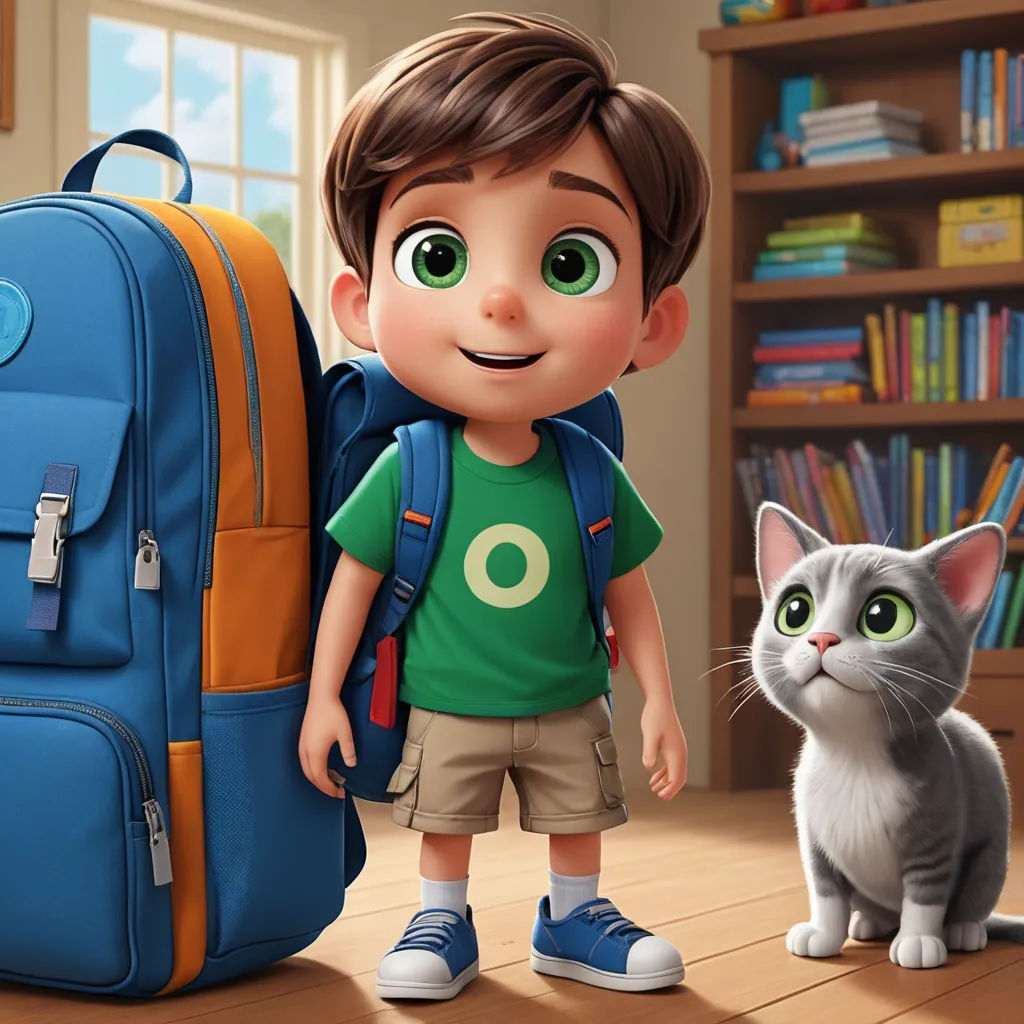 a boy with a backpack and a cat in a room with bookshelves and bookshelves in the background, photorealism, a character portrait, Felix-Kelly, promotional image