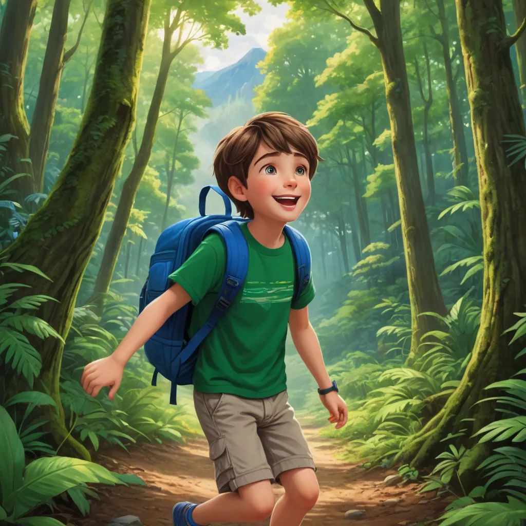 a boy with a backpack is running through a forest trail in the daytime time, with a trail leading through the woods, sots art, a storybook illustration, Alejandro Burdisio, pixar and disney animation