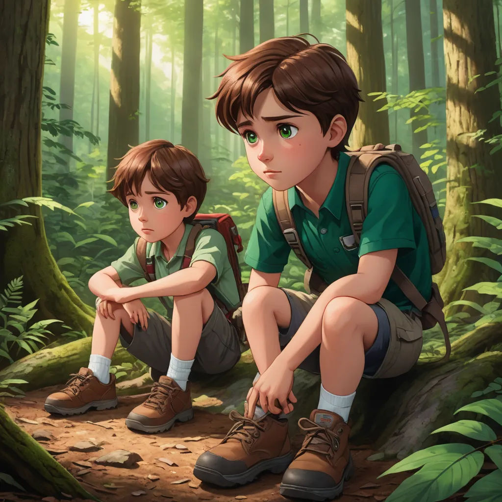 a boy and a boy sit on a tree stump in the woods, looking at something in the distance, sots art, a storybook illustration, Brothers Hildebrandt, cushart krenz