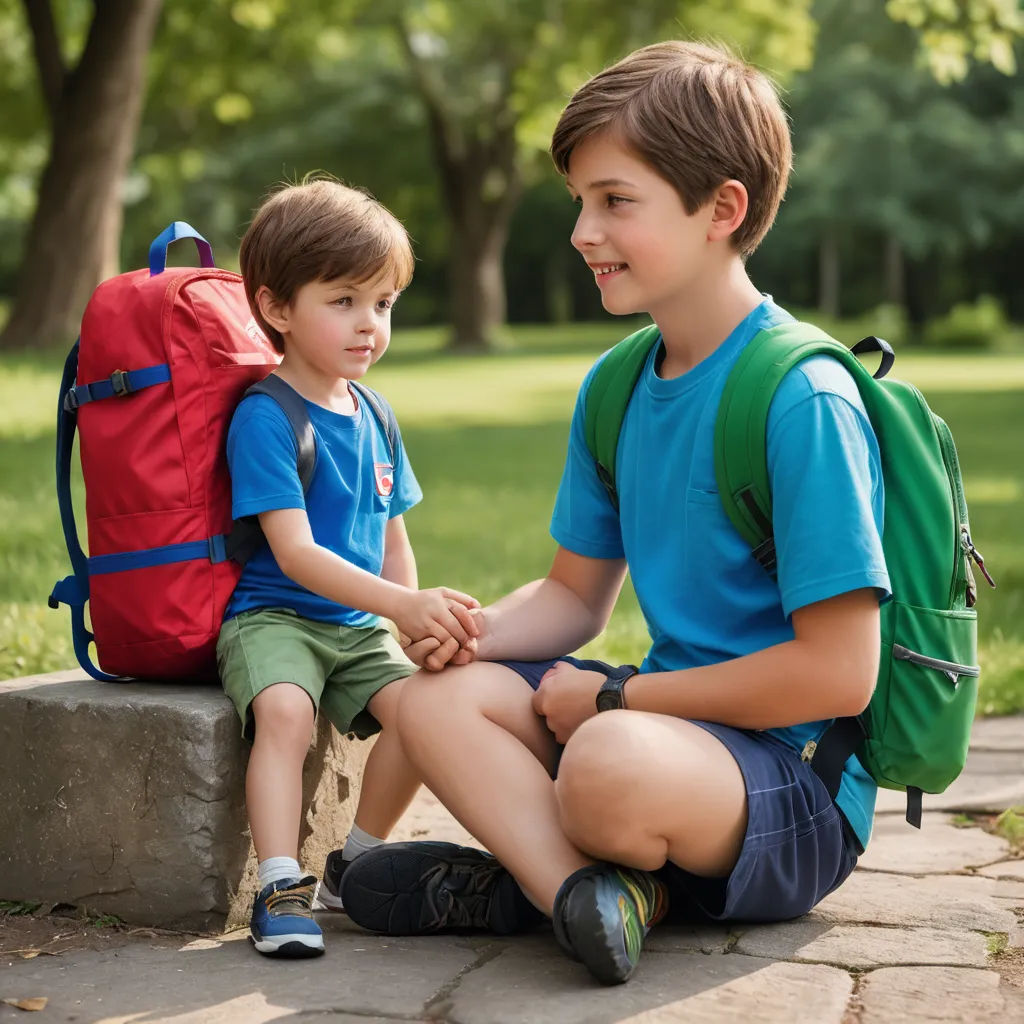 a boy and a boy sitting on a stone bench in a park with a backpack on his back and a backpack on his shoulder, danube school, a stock photo, Andries Both, promotional image