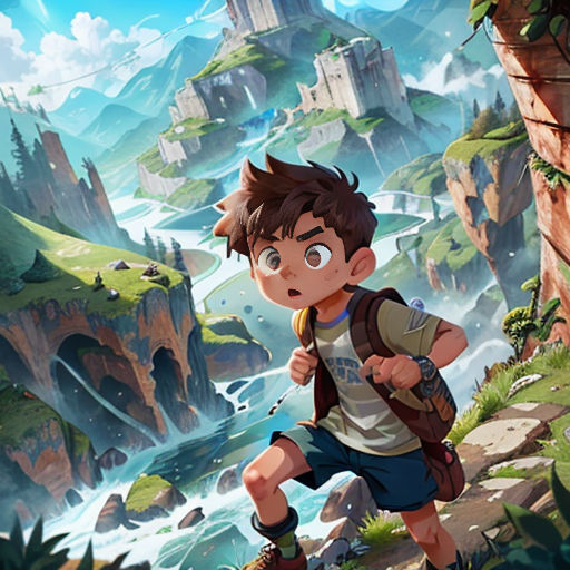 a boy with a backpack is walking through a forest and a castle in the background, with a river running through it