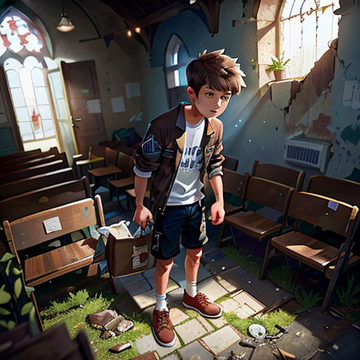 a boy standing in a church with a suitcase and a suitcase in his hand and a suitcase in his other hand
