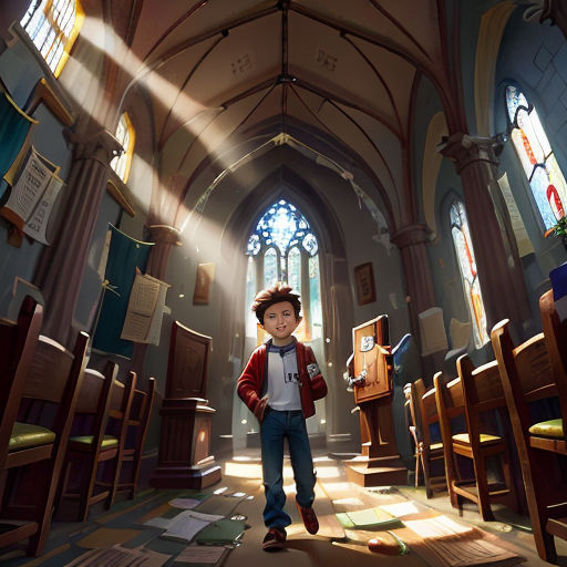 a boy is walking through a church with a light shining through the windows and a stained glass window behind him