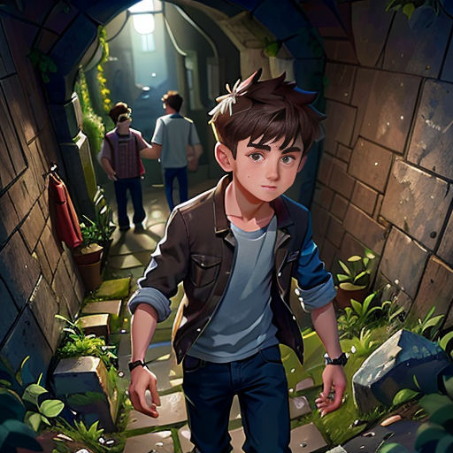 a boy walking down a tunnel in a tunnel of plants and rocks with a cat on his head and a man in a blue shirt