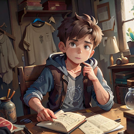 a boy sitting at a table with a book in front of him and a fish bowl in the background