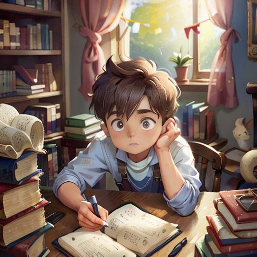 a boy sitting at a table with a book and pen in his hand and looking at a book on the table