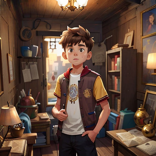 a boy standing in a room with a lamp on the ceiling and a book shelf in the background with a lamp on the wall