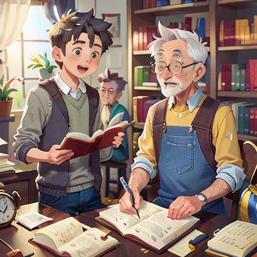 a man and a boy are standing in front of a desk with books and a clock on it, and a man is holding a book