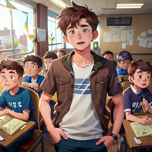 a boy standing in front of a classroom full of students with books on desks and a man in a brown jacket